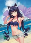  1girl animal_ear_fluff animal_ears bangs bare_arms bare_shoulders beach bikini bikini_under_clothes black-framed_eyewear blue_bikini blue_sky bow breasts cat_ears cat_girl cat_tail cloud collarbone cowboy_shot day drill_hair eyebrows_visible_through_hair eyewear_on_head food fruit green_eyes hair_bow highres holding holding_towel kyaru_(princess_connect) long_hair low_twintails multicolored_hair navel ocean open_clothes open_fly open_shorts outdoors parted_lips princess_connect! princess_connect!_re:dive purple_bow sanbaisoku_ikaros short_shorts shorts sky small_breasts smile solo stomach streaked_hair sunglasses swimsuit tail towel twintails very_long_hair w_arms water watermelon white_hair white_shorts 