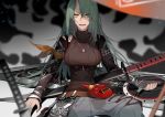  1girl absurdres aniao_ya arknights arm_warmers armband belt black_shirt blurry breasts depth_of_field eyebrows_visible_through_hair facial_scar green_hair grey_pants hair_between_eyes highres hoshiguma_(arknights) jewelry katana large_breasts long_hair looking_at_viewer necklace oni_horn oni_mask open_mouth pants scar shield shirt sitting sleeveless sleeveless_shirt smile solo sword taut_clothes turtleneck weapon yellow_eyes 