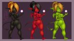  2017 black_body black_hair black_sclera blonde_hair breasts butt cesium demon female green_body hair humanoid imp membrane_(anatomy) membranous_wings nipples not_furry nude red_body short_stack simple_background smile spade_tail standing wings 