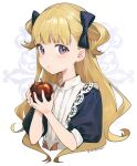  1girl apple blonde_hair blue_bow blue_dress blue_eyes blush bow dress emilico_(shadows_house) eyebrows_visible_through_hair food fruit hair_bow holding holding_food holding_fruit long_hair looking_at_viewer nagu parted_lips puffy_short_sleeves puffy_sleeves red_apple shadows_house short_sleeves solo twitter_username upper_body white_background 