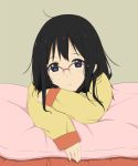  1girl ahoge bangs black_hair blue_eyes blush eyebrows_visible_through_hair frown glasses hair_between_eyes kitashirakawa_tamako l.tea long_hair long_sleeves looking_at_viewer pillow solo tamako_market twintails 