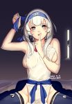  1girl areola_slip areolae blue_eyes breasts dated doorway finger_to_mouth fuwafuwatoufu headband heart heart-shaped_pupils kamoi_(kantai_collection) kantai_collection large_breasts parted_lips see-through sitting solo symbol-shaped_pupils thighhighs twitter_username white_hair 