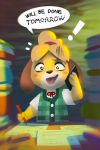  ! animal_crossing anthro blush blush_stickers book canid canine canis cellphone desk dialogue domestic_dog english_text female furniture genitals isabelle_(animal_crossing) mammal miles_df nintendo paper penis phone shih_tzu solo text toy_dog video_games worried 