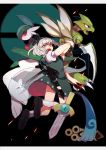  +_+ 1girl black_background black_footwear black_hairband black_ribbon damenaito full_body gallade gen_1_pokemon gen_4_pokemon gen_6_pokemon green_skirt green_vest hair_ribbon hairband highres holding holding_sword holding_weapon honedge jumping katana looking_at_viewer open_mouth poke_ball poke_ball_symbol pokemon pokemon_(creature) purple_eyes ribbon scyther shirt short_hair short_sleeves silver_hair skirt socks sword tassel touhou vest weapon white_legwear white_shirt 