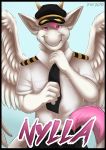  2016 anthro black_border border brown_horn clothed clothing digital_media_(artwork) dragon feathered_wings feathers front_view fully_clothed fur furred_dragon hair half-length_portrait hat headgear headwear horn ifus looking_at_viewer male name_badge necktie nylla pilot pink_eyes pink_hair portrait simple_background solo standing tail_tuft tuft uniform white_body white_feathers white_fur white_tail white_wings wings 