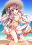  1girl arm_strap armband beach bikini breasts brown_eyes cleavage commentary_request eyebrows_visible_through_hair flower hair_between_eyes hair_flower hair_ornament hat jewelry kimizuka_aoi long_hair looking_at_viewer medium_breasts navel necklace ocean open_mouth original pink_hair sarong sarong_lift solo star star_hair_ornament straw_hat swimsuit thigh_strap yellow_bikini 