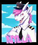  2017 aircraft airplane anthro black_border blue_sky border bust_portrait cel_shading clothed clothing cloud cloudscape corriezodori day digital_media_(artwork) dragon front_view fur furred_dragon hair hat headgear headwear hi_res horn looking_at_viewer male name_badge necktie nylla open_mouth outside_border pilot pink_hair portrait red_eyes short_hair sky slit_pupils solo standing teeth uniform white_body white_fur white_horn 