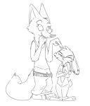  2018 anthro arctic_fox barefoot bottomwear canid canine clothed clothing crossed_arms disney duo fox fully_clothed fur head_tuft jack_savage lagomorph leporid mammal monochrome pants rabbit shirt simple_background skye_(zootopia) smile tank_top topwear tuft visiti white_background zootopia 