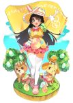  3girls absurdres alternate_costume arm_up black_hair blush character_request doubutsu_no_mori easter easter_egg egg eyebrows_visible_through_hair flag full_body green_eyes hair_ornament hairclip happy_easter highres holding holding_flag kuma_daigorou long_hair long_sleeves looking_at_viewer multiple_girls nijisanji open_mouth puffy_long_sleeves puffy_sleeves shizue_(doubutsu_no_mori) smile thighhighs translation_request tree tsukino_mito virtual_youtuber white_legwear 