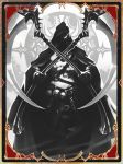  1boy artist_request belt card chain cloak death_(entity) dual_wielding glowing glowing_eye gold_trim grim_reaper hidden_face holding hood hood_up hooded_cloak monochrome official_art scythe shadowverse skull solo 