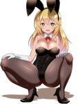  +_+ 1girl animal_ears black_footwear black_legwear black_leotard blonde_hair bow bowtie breasts bunny_ears bunny_girl bunnysuit cleavage commentary_request cro detached_collar fang full_body high_heels highres large_breasts leotard long_hair open_mouth pantyhose red_neckwear shokuhou_misaki simple_background skin_fang solo squatting strapless strapless_leotard symbol-shaped_pupils to_aru_kagaku_no_railgun to_aru_majutsu_no_index white_background wrist_cuffs yellow_eyes 