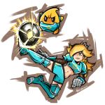  armor ball blonde_hair blue_eyes clenched_hand gold_earrings mario_(series) mario_strikers_charged metal_boots midriff one_eye_covered rosalina soccer soccer_ball super_mario_galaxy thegreyzen tiara 