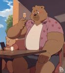  2020 absurd_res anthro belly blush bottomwear brown_body brown_fur clothed clothing detailed_background duo fur hi_res humanoid_hands kemono male mammal open_shirt overweight overweight_male piero03432812 shirt shorts sitting topwear ursid 