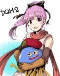  1girl blush bow dragon_quest dragon_quest_heroes dragon_quest_heroes_ii dress gloves hat homiron konoe_(fogtracks) long_hair looking_at_viewer open_mouth pink_eyes ponytail purple_hair scarf teresia 