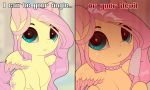  5:3 blue_eyes collar dialogue english_text equid equine evehly female fluttershy_(mlp) friendship_is_magic knife looking_at_viewer mammal multicolored_wings my_little_pony pterippus solo spiked_collar spikes text wings yandere 