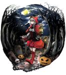  1girl absurdres arknights dagger full_moon highres jack-o&#039;-lantern lantern little_red_riding_hood little_red_riding_hood_(grimm) moon night projekt_red_(arknights) red_footwear red_hood solo solo_focus tombstone tree vyragami weapon white_hair withered 