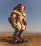  absurd_res animal_genitalia anthro arm_tuft balls big_balls big_sheath elbow_tufts emit felid feline fully_sheathed genitals hairy hi_res lion male mammal mature_male muscular pantherine penis realistic sheath solo tuft 