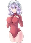  1girl alternate_costume breasts commentary_request covered_navel cowboy_shot cropped_legs groin hands_on_own_chest highres impossible_clothes large_breasts lavender_hair leotard letty_whiterock long_sleeves looking_at_viewer purple_eyes red_leotard short_hair simple_background solo standing thighs touhou triangular_headpiece turtleneck turtleneck_leotard white_background white_headwear y2 