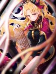  1girl black_legwear blonde_hair breasts cage cloak closed_mouth earrings ereshkigal_(fate/grand_order) expressionless eyebrows_visible_through_hair fate/grand_order fate_(series) hair_ribbon highres jewelry large_breasts long_hair looking_at_viewer over-kneehighs pot-palm red_eyes red_ribbon ribbon solo thighhighs twintails 