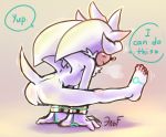  &lt;3 anthro barefoot blush breath butt confident dialogue eulipotyphlan exercise fur gymnastics hedgehog hi_res krazyelf looking_away male mammal nude perineum pose ruff silver_the_hedgehog smile solo sonic_the_hedgehog_(series) white_body white_fur 