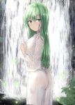  1girl ass bangs blush commentary_request cowboy_shot eyebrows_visible_through_hair from_side green_eyes green_hair hair_between_eyes highres kochiya_sanae leaf long_hair long_sleeves looking_at_viewer parted_lips robe see-through solo standing touhou wet wet_clothes white_background white_robe y2 