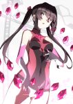  1girl ass_visible_through_thighs bangs bare_shoulders black_hair blunt_bangs breasts covered_navel elbow_gloves gloves highres kagari_leroy leotard long_hair looking_at_viewer open_mouth pink_eyes pink_leotard senki_zesshou_symphogear shiny shiny_clothes shiny_hair shiny_skin small_breasts solo standing tsukuyomi_shirabe twintails 