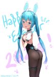  1girl :d animal_ears artist_name bangs black_leotard blue_eyes blue_hair blush breasts brown_legwear bunny_ears bunny_tail bunnysuit commentary_request easter eyebrows_visible_through_hair fake_animal_ears hair_between_eyes hand_up happy_easter hatsune_miku highres leotard liclac long_hair looking_at_viewer looking_to_the_side open_mouth pantyhose puffy_short_sleeves puffy_sleeves short_sleeves shrug_(clothing) signature skindentation small_breasts smile solo strapless strapless_leotard tail thigh_strap twintails very_long_hair vocaloid white_background 