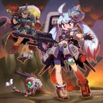  axe ball_(gundam) battlefield bike_shorts blue_hair brown_eyes dark_skin gun gundam hatsune_miku keychain king_of_unlucky looking_down mecha_musume metal_boots outstretched_arm purple_eyes rifle vocaloid weapon zaku 