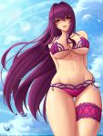  1girl arms_behind_back ass_visible_through_thighs bangs bare_shoulders bikini blue_sky blush breasts cleavage collarbone fate/grand_order fate_(series) hair_intakes hair_ribbon highres large_breasts leg_garter long_hair looking_at_viewer navel ocean open_mouth purple_bikini purple_hair red_eyes ribbon scathach_(fate)_(all) scathach_(swimsuit_assassin)_(fate) sky smile solo swimsuit thighs water zaphn 
