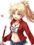  1girl bandeau bangs braid breasts clarent collarbone cutoffs denim denim_shorts fate/apocrypha fate_(series) french_braid hair_ornament hair_scrunchie haura_akitoshi long_hair long_sleeves looking_at_viewer micro_shorts mordred_(fate) mordred_(fate)_(all) navel open_mouth ponytail red_scrunchie scrunchie short_shorts shorts small_breasts smile solo 