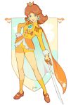  1girl aiguillette alternate_costume bangs blue_eyes brooch brown_footwear brown_hair cape commentary crown earrings emblem epaulettes hand_on_hip highres holding holding_sword holding_weapon jacket jewelry jivke juliet_sleeves left-handed long_sleeves mario_(series) medium_hair open_mouth orange_cape princess_daisy puffy_sleeves shoes shorts smile socks solo standing sword weapon yellow_jacket yellow_legwear yellow_shorts 