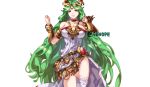  bare_shoulders clenched_hands commission conope dress forehead_jewel gauntlets goddess gold_necklace green_eyes green_hair kid_icarus kid_icarus_uprising long_hair looking_at_viewer palutena smile thighhighs very_long_hair white_dress 