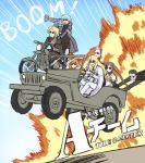  2girls 5boys akuta_hinako beryl_gut black_hair blonde_hair book brown_hair daybit_sem_void driving engiyoshi explosion fate/grand_order fate_(series) grey_hair ground_vehicle highres jeep kadoc_zemlupus kirschtaria_wodime motor_vehicle motorcycle multiple_boys multiple_girls namesake ophelia_phamrsolone pink_hair rocket_launcher scandinavia_peperoncino sunglasses the_a-team weapon 