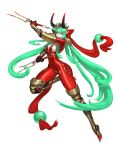  1girl arm_up armor black_gloves bow dual_wielding facial_mark fangs futoshi_(tekidai) gloves gradient gradient_horns greaves green_hair hair_bow highres holding holding_weapon horns long_hair original parted_lips pointy_ears red_bow red_eyes red_lips sai_(weapon) solo tight transparent_background vambraces very_long_hair weapon 
