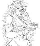  1girl abs arm_pouch arm_strap bare_shoulders bb_(baalbuddy) belt_pouch big_hair breasts cleavage commentary covered_mouth cowboy_shot curly_hair english_commentary fingerless_gloves gloves greyscale gun head_tilt headband highres holding holding_gun holding_weapon large_breasts laser_pointer laser_sight long_hair looking_at_viewer mask microphone monochrome mouth_mask muscle muscular_female navel pouch queen&#039;s_blade risty scope simple_background solo tank_top trigger_discipline very_long_hair weapon white_background 