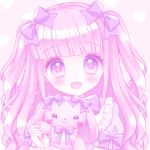  1girl :d bangs blush bow bunny-shaped_pupils commentary_request dress eyebrows_visible_through_hair hair_bow heart heart_background himetsuki_luna holding holding_stuffed_animal open_mouth original pink_background pink_hair puffy_short_sleeves puffy_sleeves purple_bow purple_dress purple_eyes short_sleeves smile solo stuffed_animal stuffed_bunny stuffed_toy symbol-shaped_pupils two_side_up upper_body 