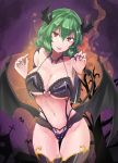  1girl bangs bare_shoulders black_bra black_panties bra breasts claw_pose commentary_request cowboy_shot demon_horns demon_tail demon_wings eyebrows_visible_through_hair fingernails green_hair groin hair_between_eyes hands_up head_tilt heart highres horns kazami_yuuka lace lace-trimmed_bra large_breasts lipstick looking_at_viewer low_wings makeup navel panties purple_background purple_lipstick purple_nails red_eyes sharp_fingernails short_hair smile solo standing stomach tail thighs touhou underwear underwear_only wings y2 