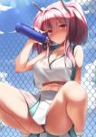  1girl azur_lane bangs bare_shoulders bow breasts bremerton_(azur_lane) bremerton_(scorching-hot_training)_(azur_lane) chain-link_fence commentary_request crop_top crop_top_overhang eyebrows_visible_through_hair fence grey_hair hair_between_eyes hair_bow hair_ornament hairclip heart heart_necklace highres large_breasts long_hair multicolored_hair outdoors pink_hair pouring_onto_self shirt sleeveless sleeveless_shirt sportswear squatting streaked_hair tatsumiya_kagari tennis tennis_uniform twintails two-tone_hair two-tone_shirt two-tone_skirt x_hair_ornament 
