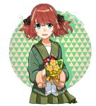  1girl bangs black_ribbon blue_eyes blush bouquet brown_hair candy eyebrows_visible_through_hair flower food fur-trimmed_sleeves fur_trim green_jacket green_sailor_collar green_skirt hachijou_(kantai_collection) hair_ribbon heart jacket kantai_collection lollipop long_sleeves open_mouth pleated_skirt pom_pom_(clothes) red_neckwear ribbon sagamiso sailor_collar school_uniform simple_background skirt solo twitter_username yellow_flower 