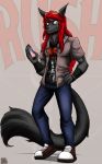  absurd_res anthro band_shirt black_body black_fur bottomwear canid canine canis cellphone clothing fur hair heterochromia hi_res jeans juniorjosi male mammal pants phone red_hair rush_(band) shay_callaghan solo wolf 
