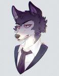  anthro beastars black_clothing black_nose canid canine canis clothed clothing fluffy fur grey_body grey_fur half-closed_eyes headshot_portrait legoshi_(beastars) male mammal multicolored_body multicolored_fur narrowed_eyes necktie open_mouth portrait red_body redeka simple_background solo text white_body white_clothing white_fur wolf 