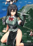  4girls aircraft airplane b-29_superfortress black_eyes black_footwear black_gloves black_hair black_legwear boots bow bowtie breasts chikuma_(kantai_collection) cleavage commentary_request elbow_gloves giantess gloves grin haruna_(kantai_collection) head_out_of_frame highres ichikawa_feesu j7w_shinden kantai_collection large_breasts long_hair lying multiple_girls myoukou_(kantai_collection) myoukou_pose on_stomach pelvic_curtain puffy_short_sleeves puffy_sleeves remodel_(kantai_collection) sado_(kantai_collection) short_sleeves single_elbow_glove single_glove single_thighhigh sitting smile solo_focus thigh_strap thighhighs translated 