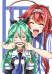  2girls ahoge anger_vein asymmetrical_bangs bangs black_ribbon black_serafuku closed_eyes commentary_request detached_sleeves employee_uniform forced_smile green_eyes green_hair hair_between_eyes hair_flaps hair_ornament hair_ribbon hairband hairclip highres kantai_collection kawakaze_(kantai_collection) kentan_(kingtaiki) lawson long_hair looking_at_viewer low_twintails mouth_pull multiple_girls neckerchief parted_bangs ponytail red_hair remodel_(kantai_collection) ribbon school_uniform serafuku shirt sidelocks striped striped_shirt teeth twintails uniform upper_body very_long_hair yamakaze_(kantai_collection) 