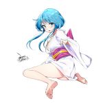  1girl ass barefoot blue_eyes blue_hair blush breasts ejami japanese_clothes jigoku_sensei_nube kimono long_hair looking_at_viewer open_mouth panties short_kimono sidelocks simple_background smile solo underwear white_background yukime_(jigoku_sensei_nube) 