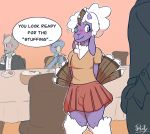  anthro avian bird blue_eyes bodily_fluids bovid bulge canid canine caprine clothing costume dialogue food genital_fluids group hi_res holidays horn jintally male mammal nervous precum ral_(jintally) sheep standing thanksgiving 
