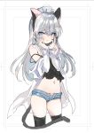  1girl animal_ears bangs bare_shoulders black_camisole black_legwear blue_eyes blue_shorts blush camisole cat_ears cat_girl cat_tail closed_mouth commentary_request cropped_legs emily_(pure_dream) eyebrows_visible_through_hair fake_animal_ears hair_between_eyes hands_up jacket long_hair long_sleeves looking_at_viewer midriff navel off_shoulder open_clothes open_fly open_jacket open_shorts original panties short_shorts shorts silver_hair sleeves_past_wrists smile solo strap_slip striped striped_panties tail thighhighs underwear very_long_hair white_background white_jacket 