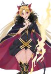  1girl armor asymmetrical_legwear asymmetrical_sleeves bangs between_breasts black_cape black_legwear black_leotard blonde_hair blush bow breasts cape detached_collar earrings ereshkigal_(fate/grand_order) eyebrows_visible_through_hair fate/grand_order fate_(series) fur-trimmed_cape fur_trim gold_trim hair_bow hair_ribbon highres hoop_earrings index_finger_raised infinity jewelry large_breasts leotard lightning_bolt long_hair long_sleeves looking_at_viewer meslamtaea_(weapon) morin24115 multicolored multicolored_cape multicolored_clothes necklace open_mouth parted_bangs red_bow red_cape red_eyes red_ribbon ribbon simple_background single_sleeve single_thighhigh skull smile solo spine thighhighs thighs tiara two_side_up upper_teeth very_long_hair white_background 