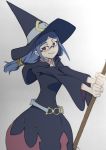  1girl arai_hiroki belt blue_hair broom commentary glasses hair_tubes hat highres holding holding_broom little_witch_academia long_hair looking_to_the_side red_eyes robe scan simple_background smile solo traditional_media ursula_charistes white_background white_belt wide_sleeves witch witch_hat 