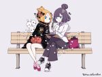  2girls abigail_williams_(fate/grand_order) bag balloon bandaid_on_forehead bangs bench black_bow black_footwear black_jacket blonde_hair blue_eyes bow breasts closed_mouth crossed_bandaids crossed_legs fate/grand_order fate_(series) forehead grey_background grey_pants hair_bow hair_bun hair_ornament hairpin heroic_spirit_traveling_outfit high_collar hood hooded_sweater jacket katsushika_hokusai_(fate/grand_order) legs long_hair long_sleeves medium_breasts multiple_bows multiple_girls orange_belt orange_bow pants parted_bangs pen polka_dot polka_dot_bow purple_hair red_footwear short_hair shoulder_bag simple_background sitting sketchbook sleeves_past_fingers sleeves_past_wrists small_breasts smile stuffed_animal stuffed_toy sweater teddy_bear white_sweater zka 