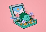  artist_name bulbasaur closed_eyes cloud flower game_boy_advance_sp gen_1_pokemon handheld_game_console leaf meyoco no_humans pink_flower pokemon pokemon_(creature) sky sparkle white_flower 